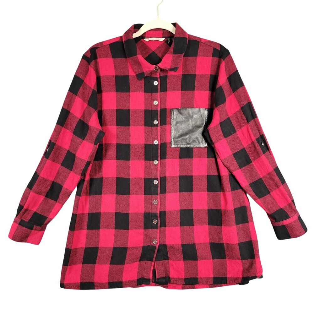 SOFT SURROUNDINGS Red Buffalo Plaid Long Sleeve Button Top SIZE PETITE LARGE